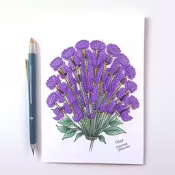 a purple flower in color is shown next to a pen,an art print with purple flowers on a white surface,purple flowers with green leaves on a card next to a pen,this is a purple flower and the tip of the pen has a silver point,an art print of a purple flower on a piece of paper