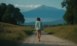 woman walking down gravel path near lush green field