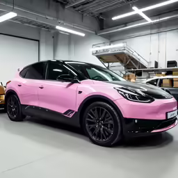 a pink and black suv is parked inside a building