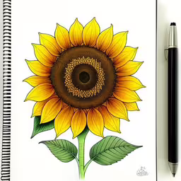the sunflower has been drawn with colored pencils