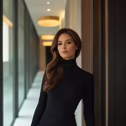a woman is standing in the hallway near an entrance