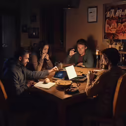 a group of people sitting around a wooden table
