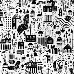 black and white illustration of buildings, trees and clouds