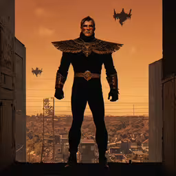 an illustration of a man standing with his hands on hips,the character is standing in front of a gate