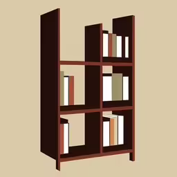 a 3d image of an open bookcase with three books on each shelf,a large bookshelf on top of a brown floor