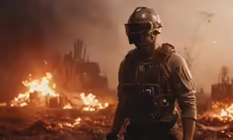a soldier is surrounded by fires in a burning field