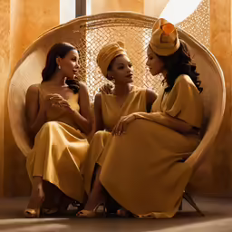 three women in orange dresses sitting on chairs with hats on