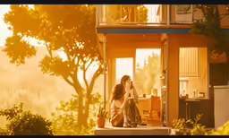 two girls are sitting on the steps outside a house