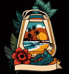an illustration of a lantern surrounded by flowers and palm trees,a lantern and flower on top of a black background