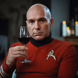 a man wearing red, black and silver star trek uniform holds a glass of red wine in one hand