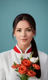 woman in white shirt and red ribbon posing