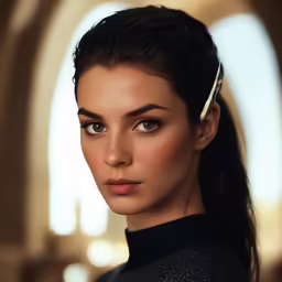 a model with black makeup and long hair in a ponytail