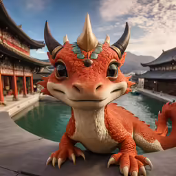 a dragon statue is on display in front of a temple