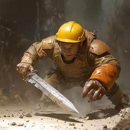 a man wearing a yellow hard hat and orange safety gear, with his hand on the ground, with a knife in his hand