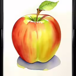a drawing of an apple painted in watercolo,a watercolor painting of an apple on a white paper
