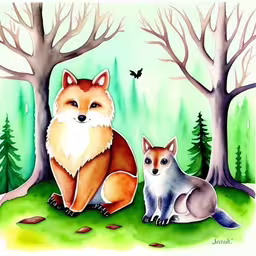 a painting of two foxes sitting next to each other,two animals sitting next to each other in front of trees,this painting depicts two foxes in a forest,watercolor painting of two foxes sitting on the ground,the foxes are in the woods together