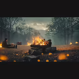 there are people sitting around a fire pit