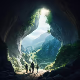 three people walking out from the entrance to a cave