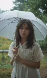 a girl in a white dress and rain boots, holding a umbrella