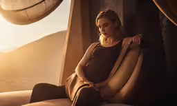 a woman wearing black is sitting on a brown chair