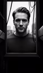 a man looks out the window of his house