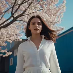 woman in white shirt and pants posing under the blooming tree