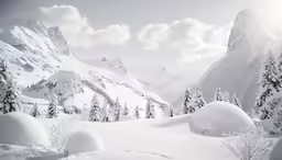 some trees and snow mountains and a sky with clouds
