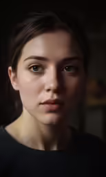 a woman with brown hair is staring to her left