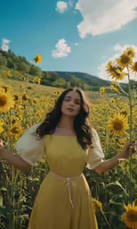 a woman in a yellow dress standing on a field