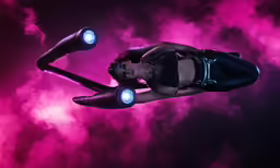 woman with neon lights flying in pink clouds