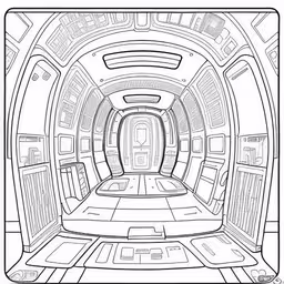 a coloring book page showing an interior of a spaceship,coloring pages for adults, including star wars ships