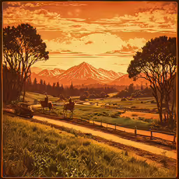 an art work depicts a country road and mountains,an image of a sunset and three people riding horses