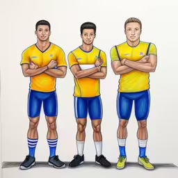 three men stand with their arms folded and their shirts are blue and yellow,three soccer players are depicted in a drawing