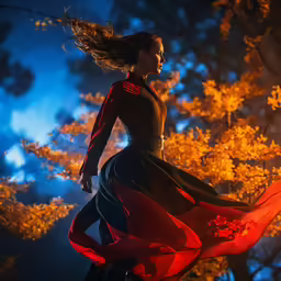 a woman standing on a wooden bridge in a black and red dress