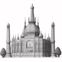a drawing of a large building in black and white