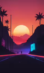 the road to a place that is very dark and full of people,a sunset with a long exposure in the sky