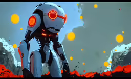 a robot with glowing eyes looks over lava