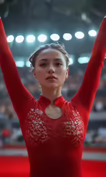 this is a closeup of a young woman wearing a red gymnastics outfit