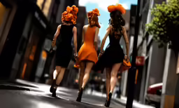 three models in dresses walking down the street