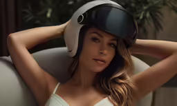 a woman in white top holding her hair while wearing a helmet
