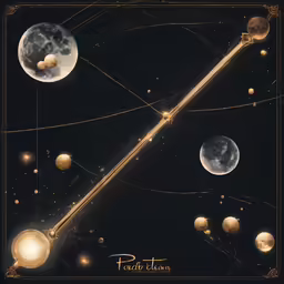 several planets and their satellites floating across the sky