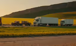 three semi - trucks parked along side each other on the street,a group of semi trucks passing each other