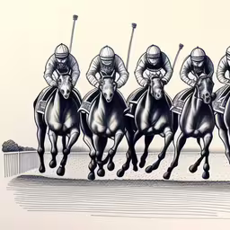 a drawing of jockeys riding their horses at an event,a group of horses that are sitting in the grass