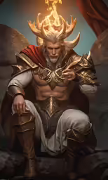 the mythical man has his arms spread wide as he sits down and holds his hands up