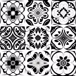 a set of black and white floral designs,a design of abstract flowers and swirls on a white background