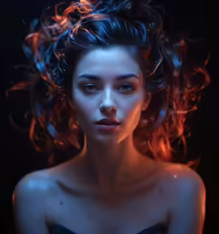 a woman with curly hair in the middle of her image