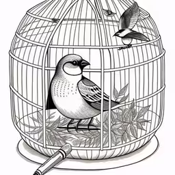 birds inside a birdcage with leaves around it,a drawing of a bird in a birdcage on a white background