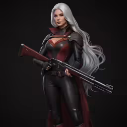 the female villain with gun poses for a photo