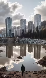 person walking by water reflecting skyscrapers in the middle