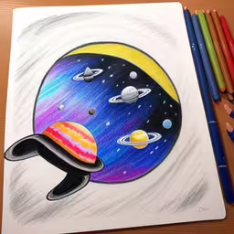 a drawing of saturn and the solar system,the drawing shows a spaceship in space with saturn and solar system,a drawing of a space scene that was drawn in colored pencils,the drawing has been drawn with pencils and paper,a drawing of the planets in space